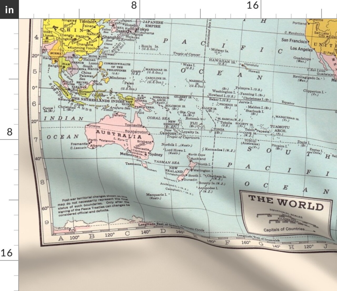 World Map Vintage Colorful Custom Printed Fabric by Spoonflower Various Fabrics by the Yard or Fat Quarter